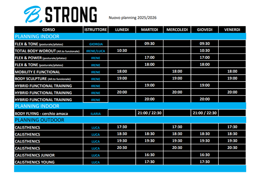 orario corsi bstrong 2025/2026 palestra aprilia
